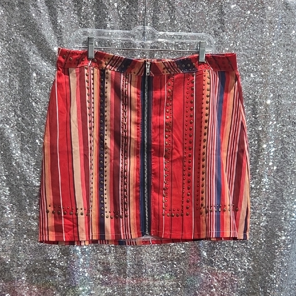ZIPPER- Aztec Styled Striped Red Skirt with Studded Details